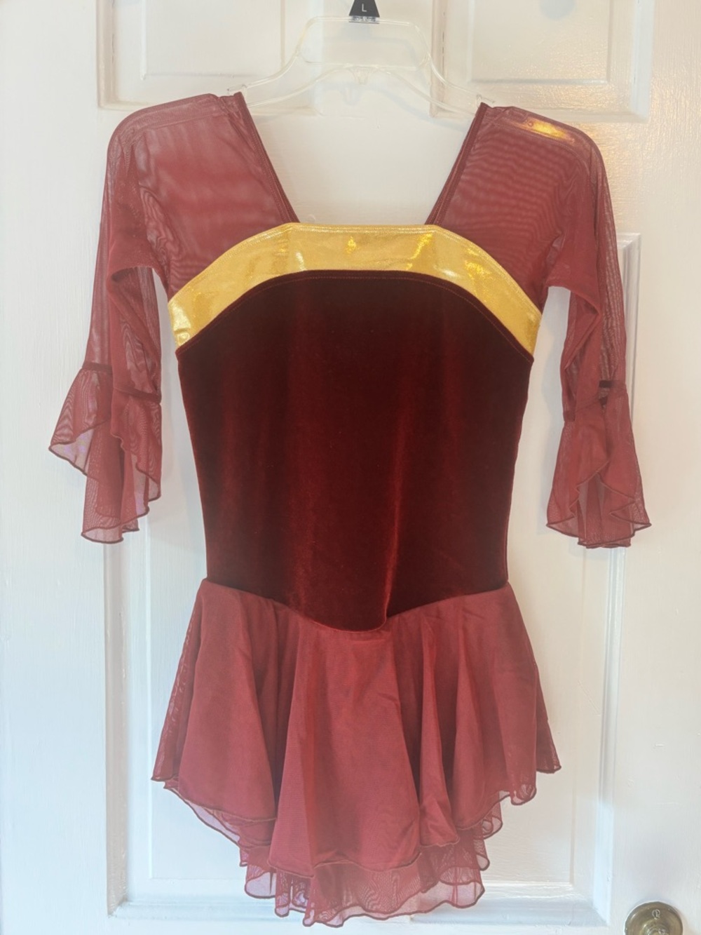 Girls Burgundy Velvet & Gold Trim Figure Skating Dress